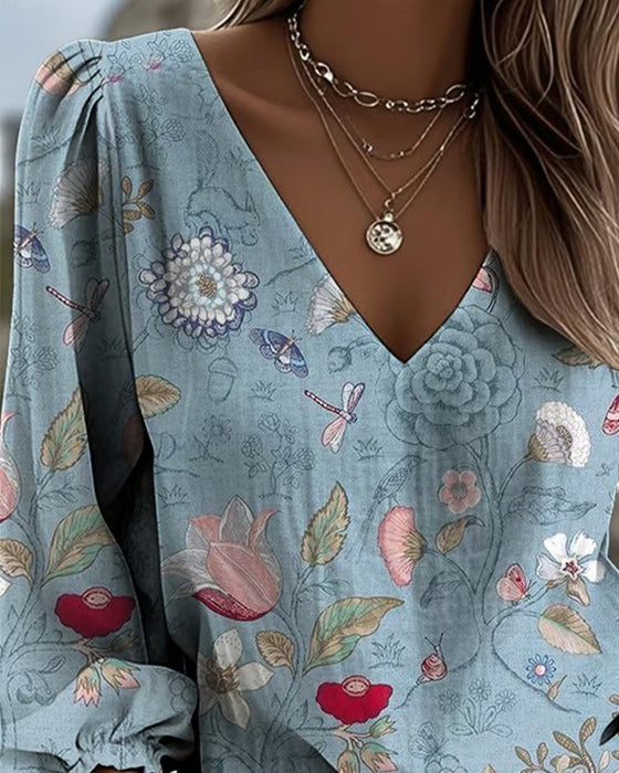 Floral and Insect Puff Sleeve Blouse