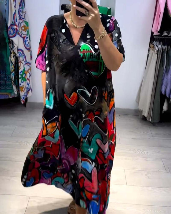 V-neck printed love casual dress