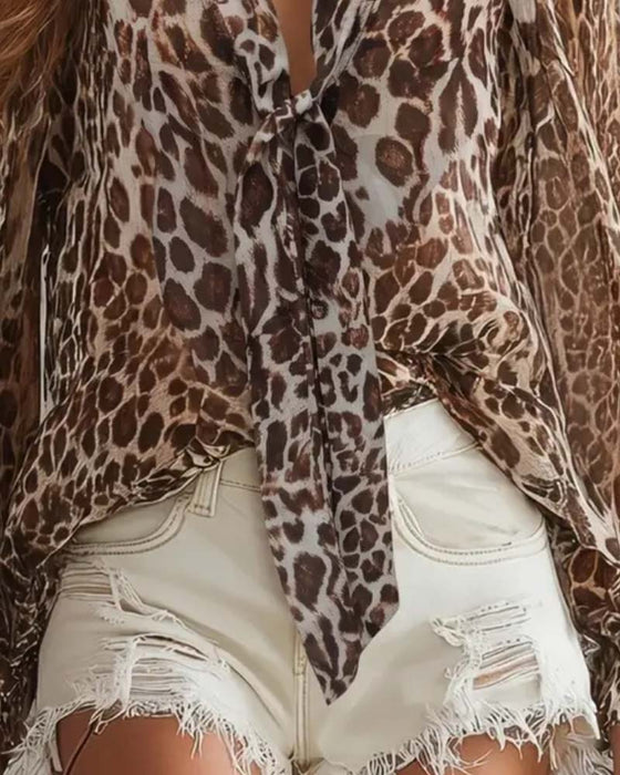 Sheer Leopard V‑Neck Long‑Sleeve Shirt