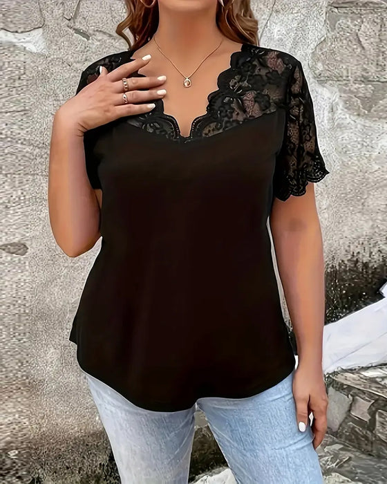 Short-Sleeved Lace Panel Blouse