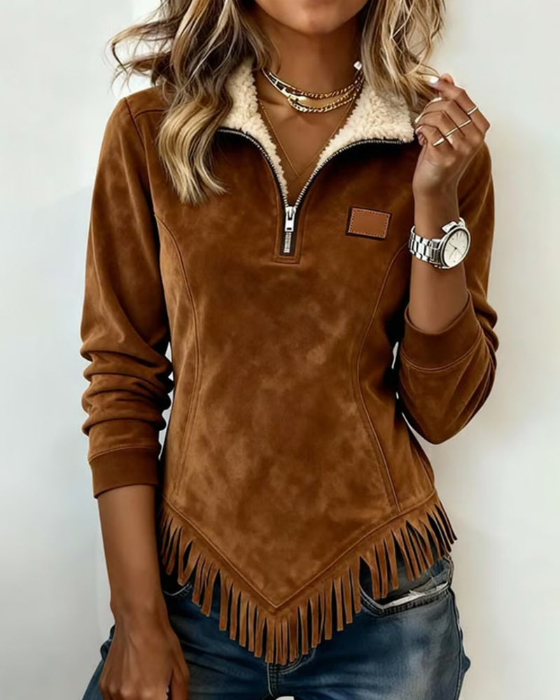 Half-Zip Asymmetric Fringe Sweatshirt