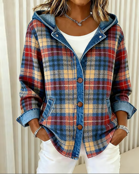 Fashionable Hooded Plaid Coat