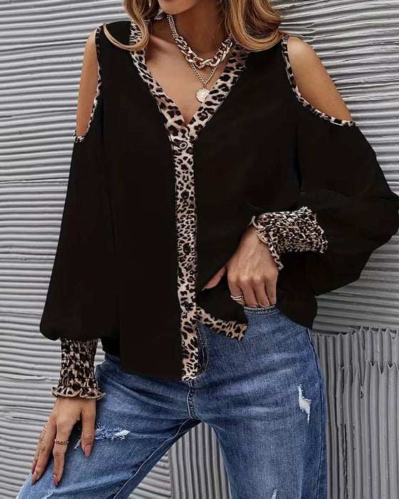 Off-Shoulder Leopard Patchwork Long Sleeve Blouse