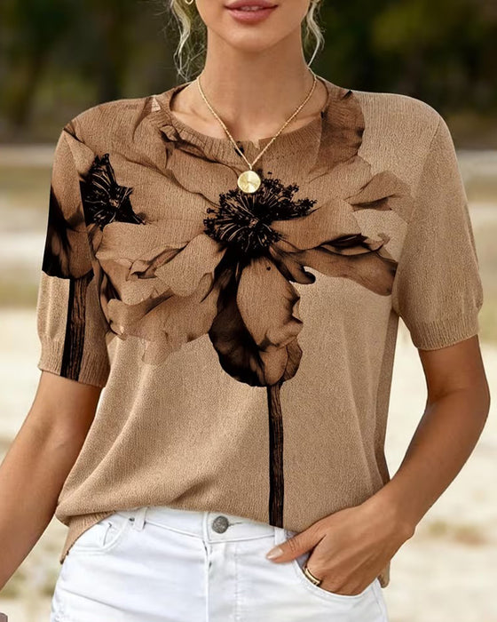 Flower Pattern Knit Short Sleeve Pullover