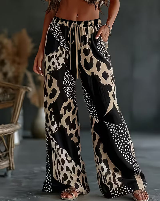Leopard Print Polka Dot Wide-Leg Pants