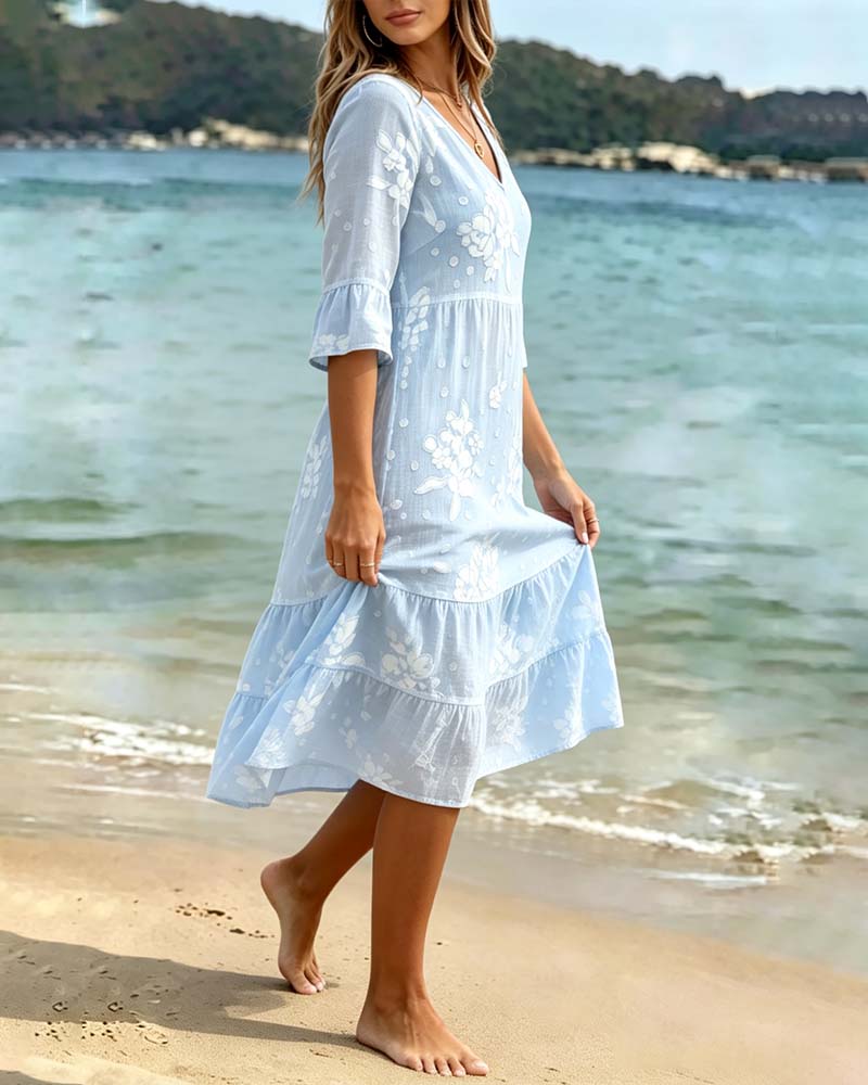 Floral V-Neck Half-Sleeve Dress