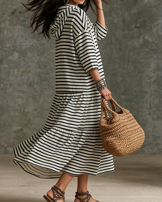 Zipper Hoodie Striped Tiered Dress
