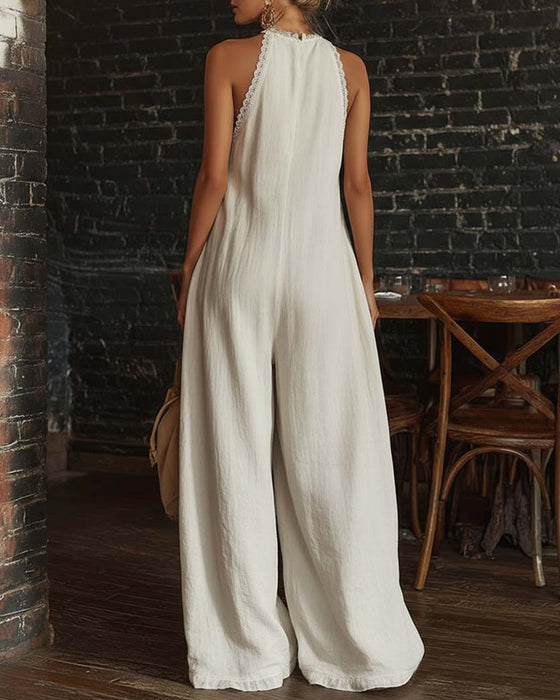Deep V Sleeveless Wide-Leg Jumpsuit