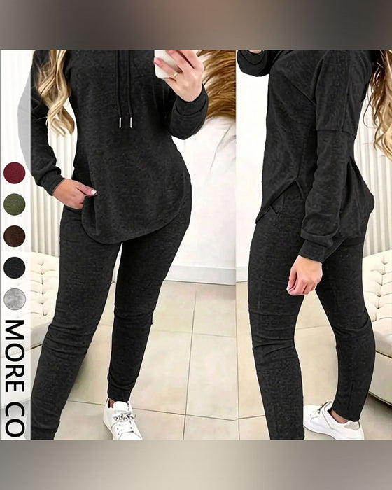 Hooded Curved Hem Casual Two-Piece Sets