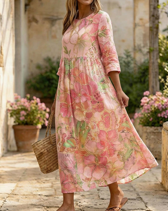 Watercolor Floral Three-Quarter Sleeve Full Skirt Maxi Dress