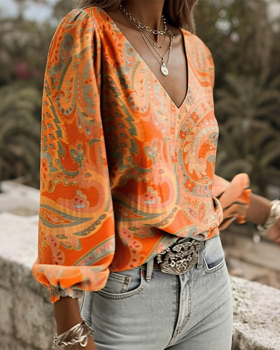 Patterned V-Neck Puff-Sleeve Blouse