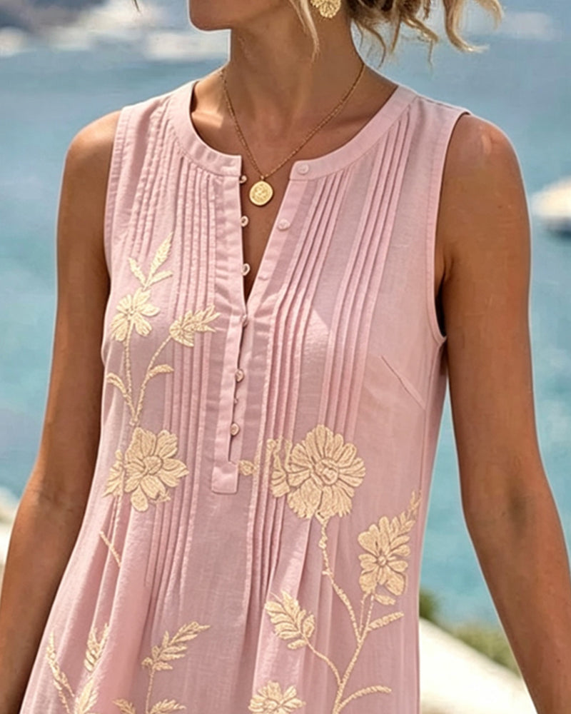 Round Neck Sleeveless Button Pleated Print Dress