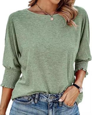 Loose Round Neck Shirred Cuff T Shirt