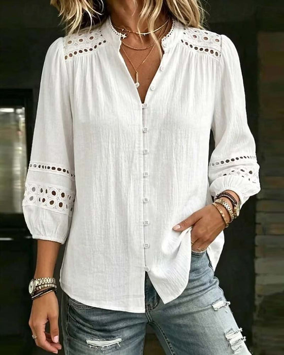 Mandarin Collar Hollow Out Blouse
