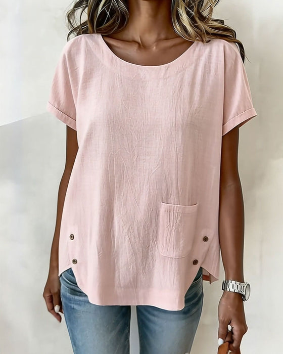 Cotton Linen Button Detail Short Sleeve T-Shirt