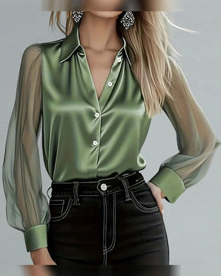 Lapel Collar Mesh Patchwork Long Sleeve Shirt