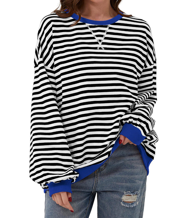 Striped Round Neck Color Block T-Shirt