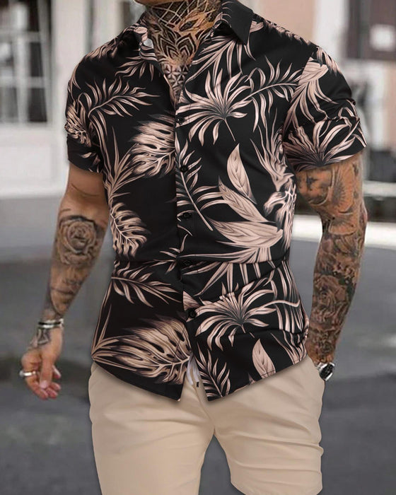 Lapel Palm Leaf Print Short-Sleeve Sets