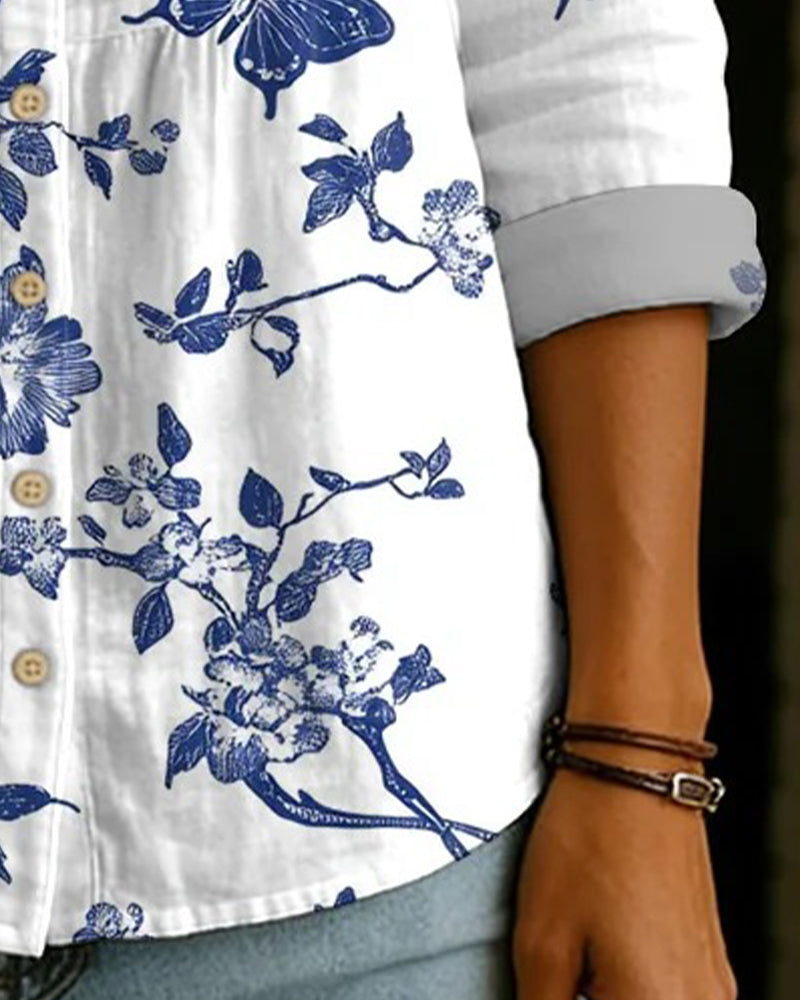 Butterfly And Floral Print Button-Down Blouse
