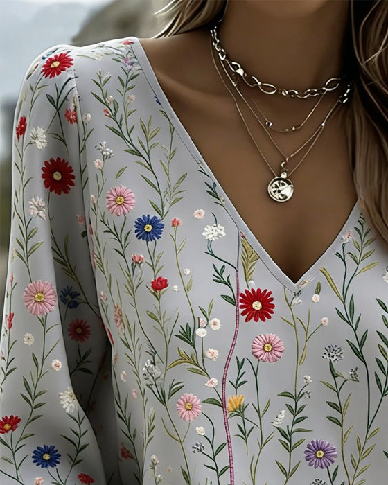 Floral Print Bubble Sleeve V-Neck Blouse