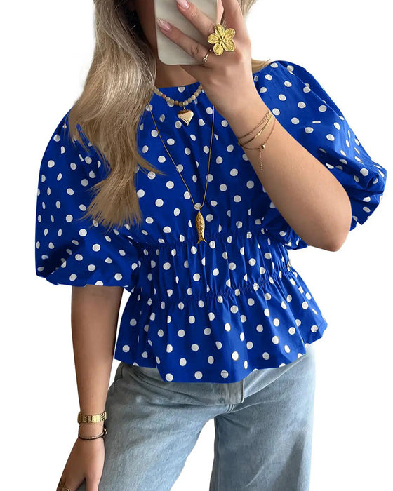 Polka Dot Off-Shoulder Waist-Cinching Bubble Sleeve Blouse