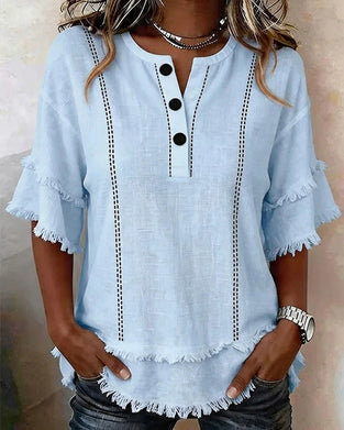 V-Neck Ruffle Layer Half Placket Button Blouse