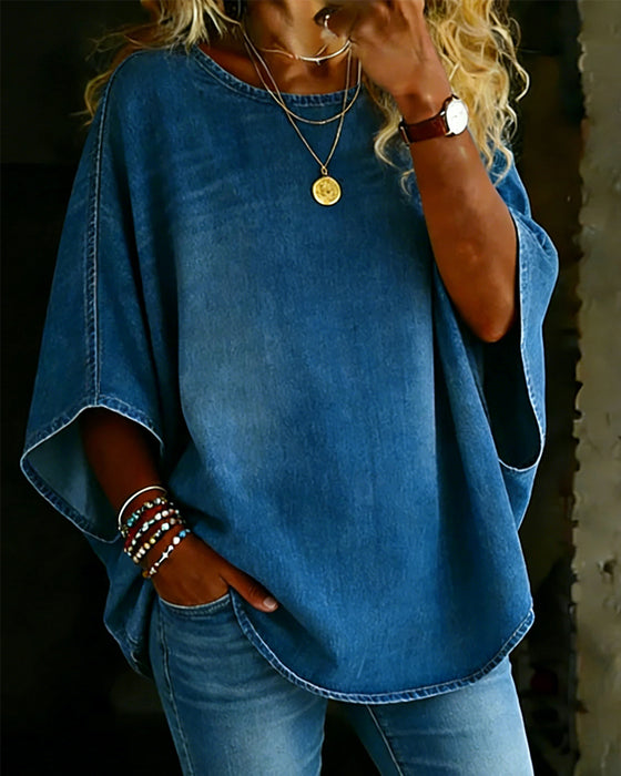 Blue Wide Sleeve Loose Top