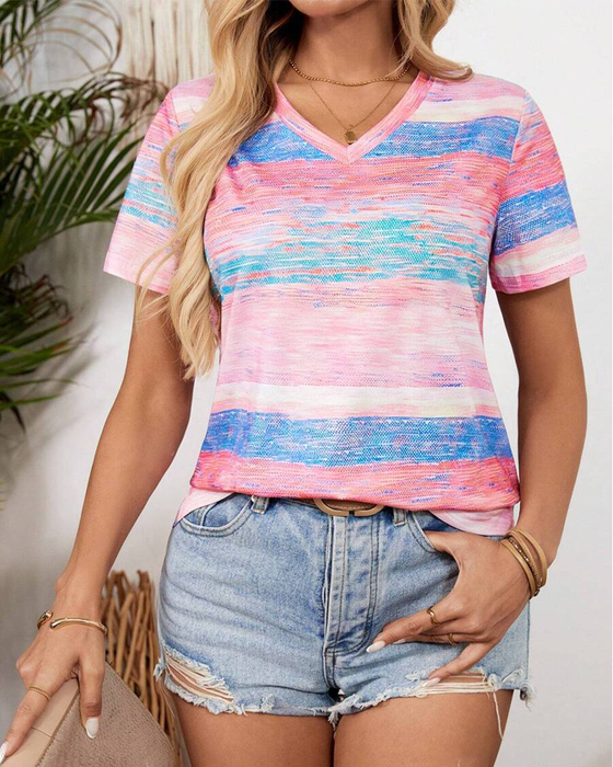 V-Neck Colorful Striped Versatile T-Shirt