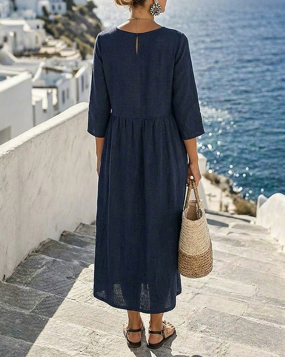 Solid Color V-Neck A-Line Dress