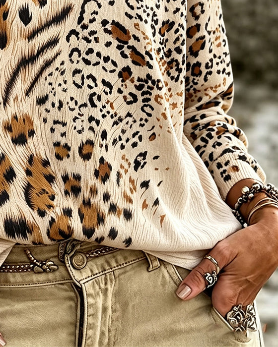 Crew Neck Leopard Long Sleeve Blouse