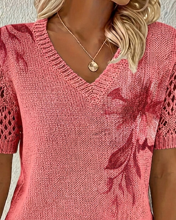 V-Neck Knitted Floral Pullover