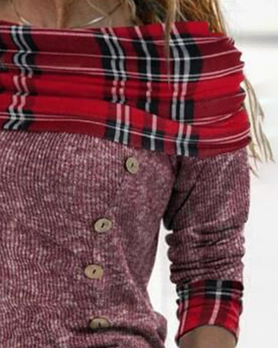 Off-Shoulder Draped Neck Long Sleeve Plaid Contrast Top