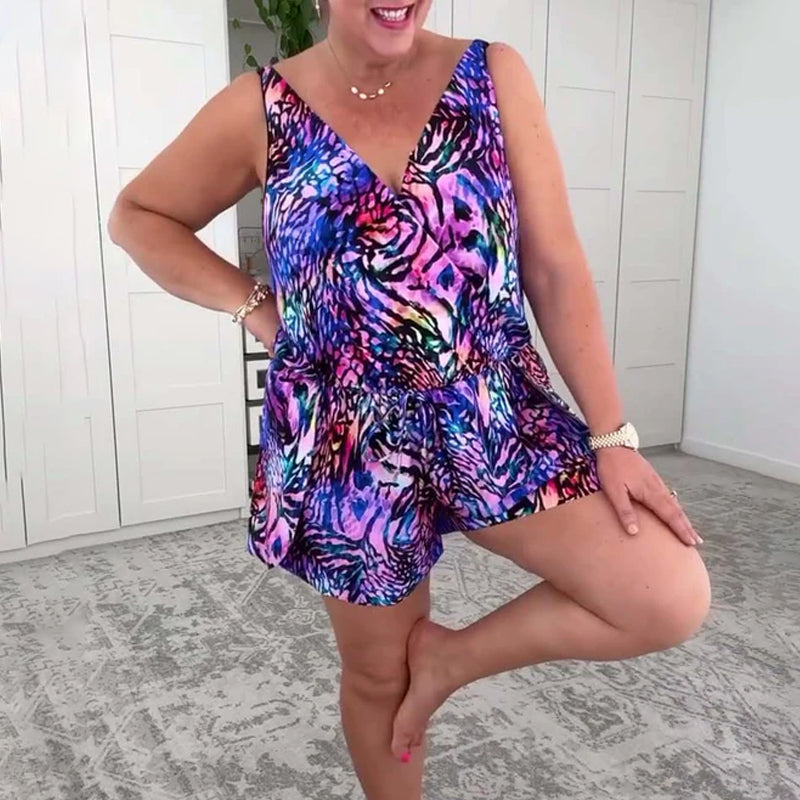 V-Neck Colorful Print One-Piece Swimsuit