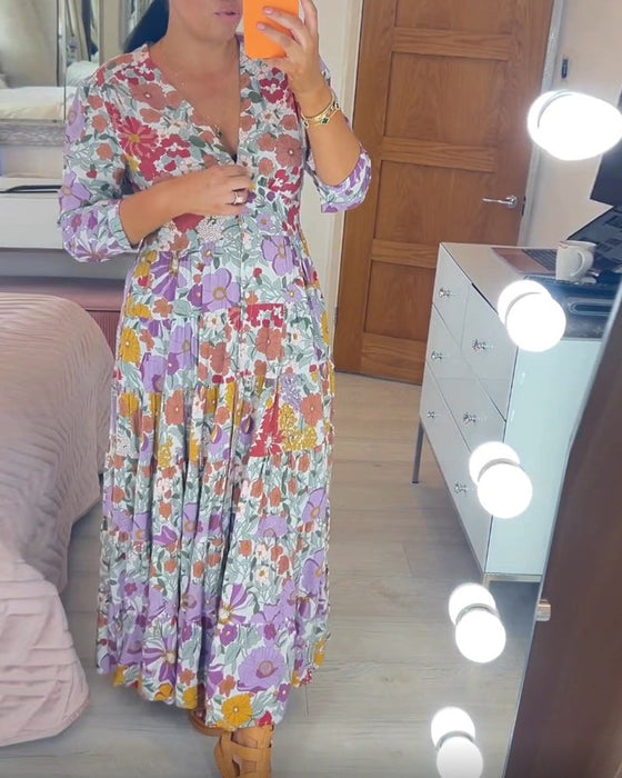 Pastoral style printed v-neck dress