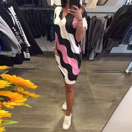 V-Neck Wave Print Dress