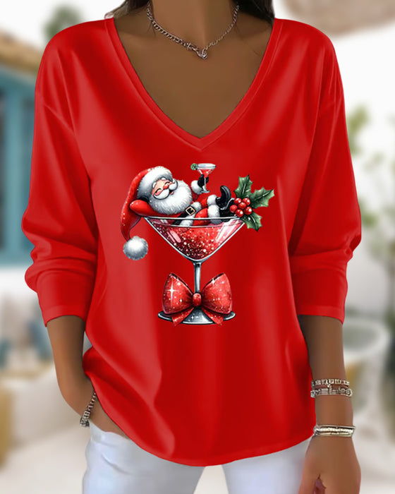 V-Neck Loose-Fitting Christmas Wine Glass Print Top