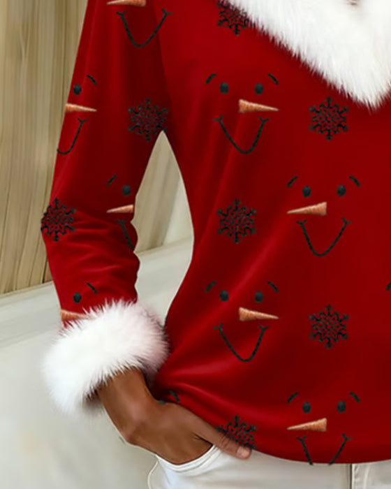 Fashionable Printed Fur Collar Top