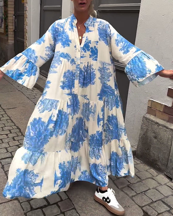 Loose printed V-neck bell sleeve patchwork dress
