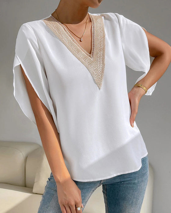 V-neck solid color temperament short-sleeved shirt