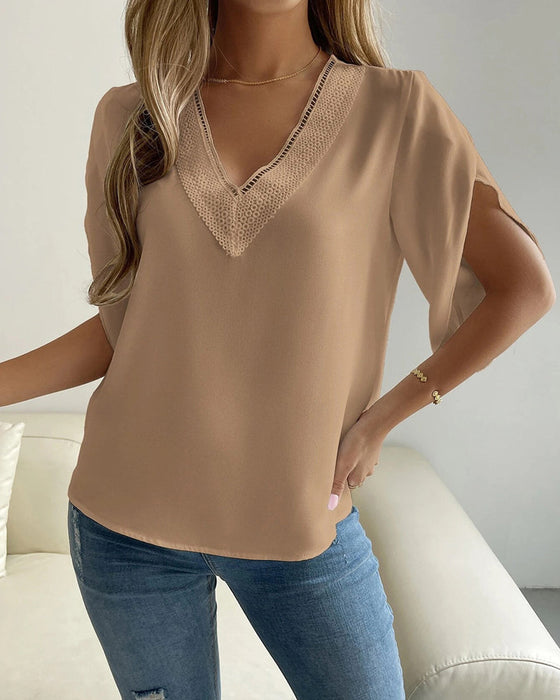 V-neck solid color temperament short-sleeved shirt