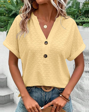 Casual solid color button v-neck blouse