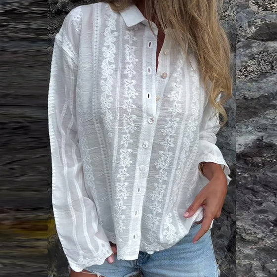 Embroidered Hollow Polo Collar Casual Shirt