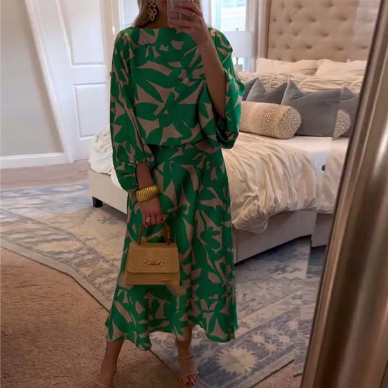 Temperament Printed Lantern Sleeves Casual Dress Set