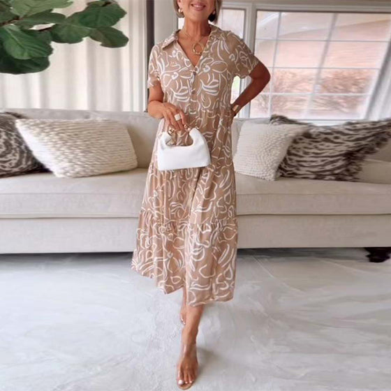 Short-sleeved Pocket Dress with Geometric Prints