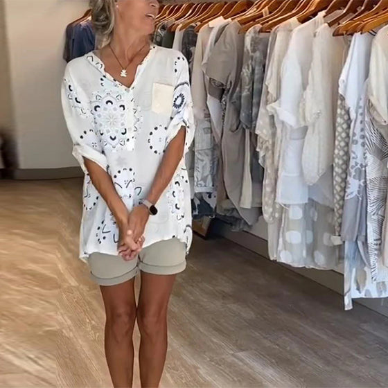 Versatile V-Neck Printed Half Sleeves Blouse