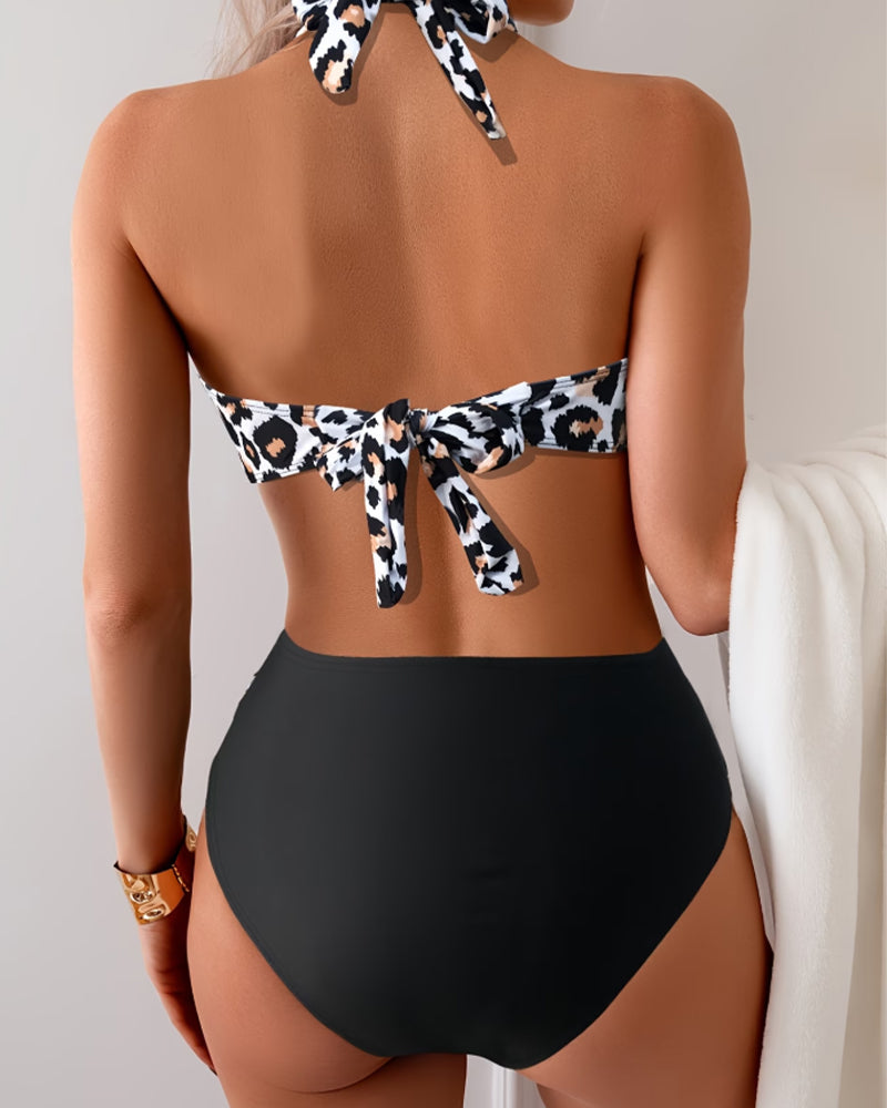 Leopard Print Halter V-Neck Bikini