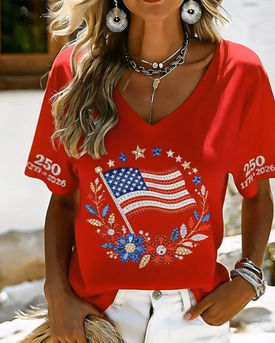 V-Neck Letter Floral Short Sleeve T-Shirt