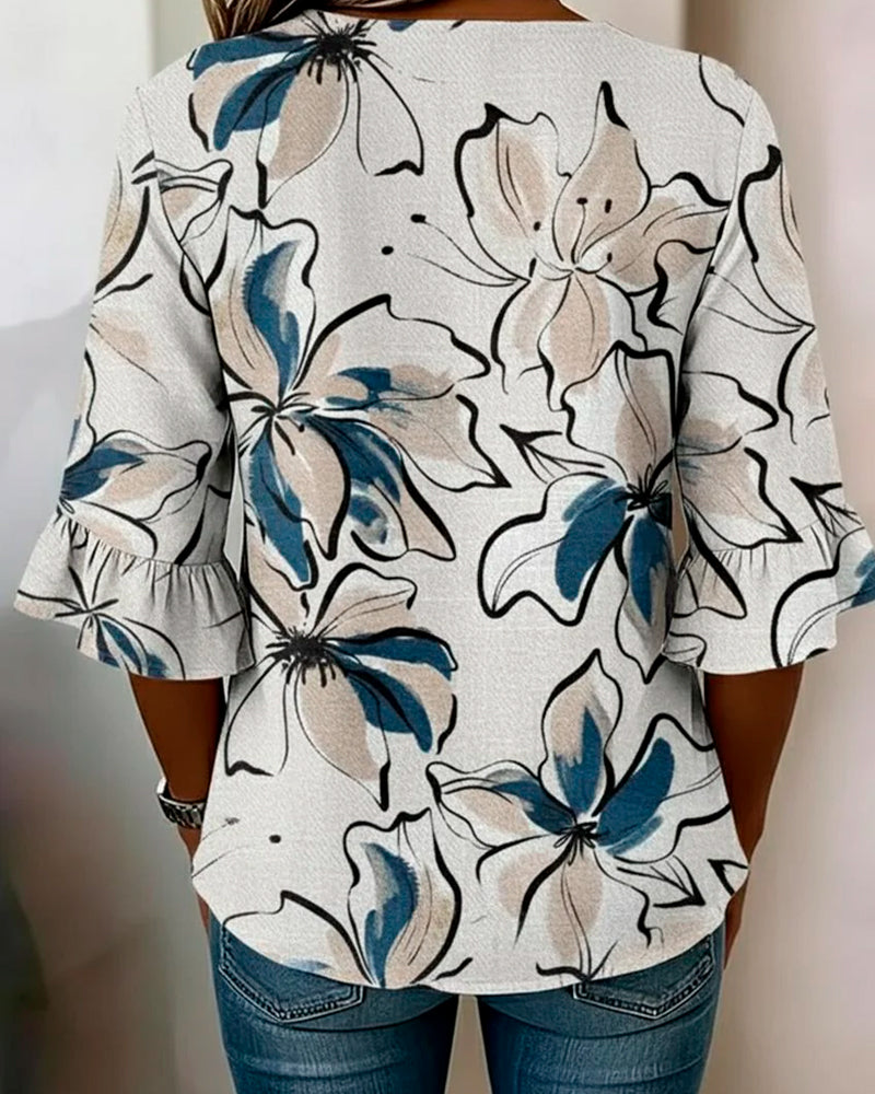 V-Neck Floral Ruffle Three-Quarter Sleeve Blouse