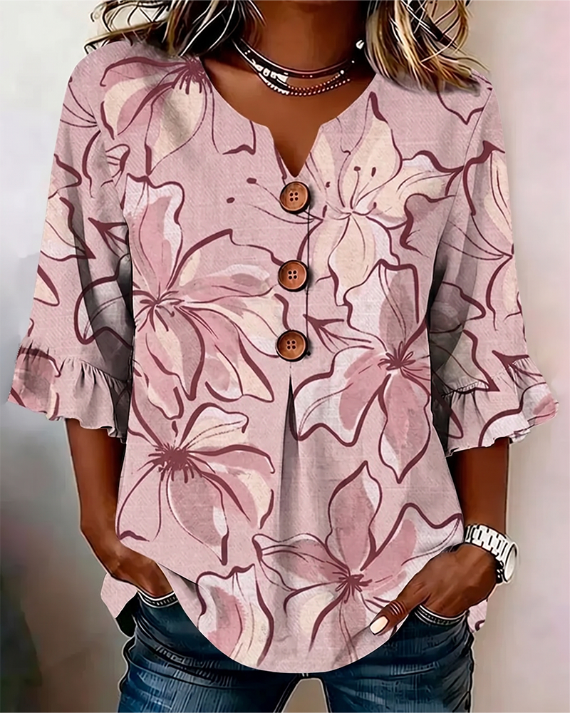V-Neck Floral Ruffle Three-Quarter Sleeve Blouse