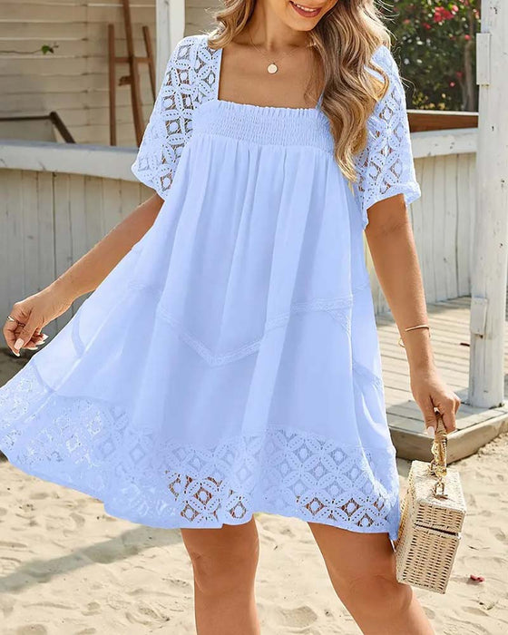 Square Neck Lace Patchwork Solid Dress